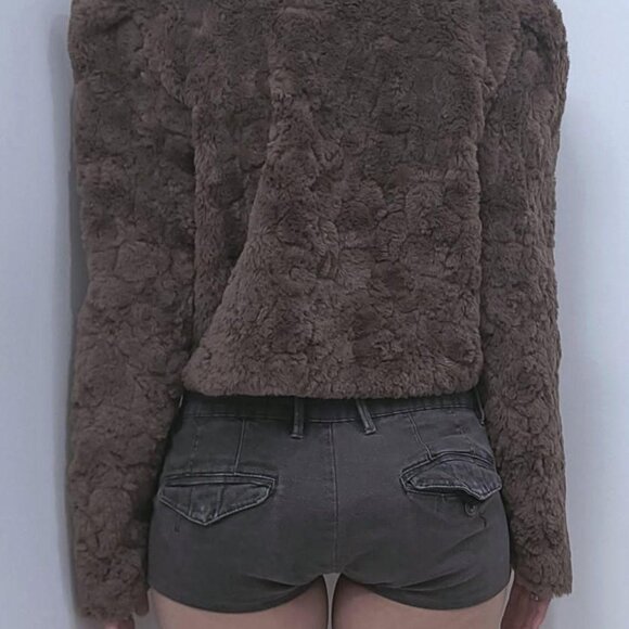 Brown Sherpa Faux fur Gold-tone Button Cropped Jacket - Picture 2 of 4